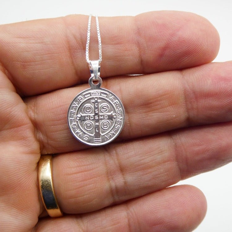 Silver St Benedict Medal Round Necklace - Guadalupe Gifts