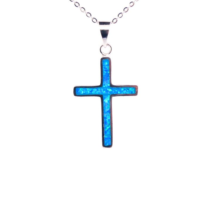 Silver Thin Cross Necklace w/ Blue Opal - Guadalupe Gifts