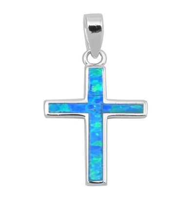 Silver Thin Cross Necklace w/ Blue Opal - Guadalupe Gifts