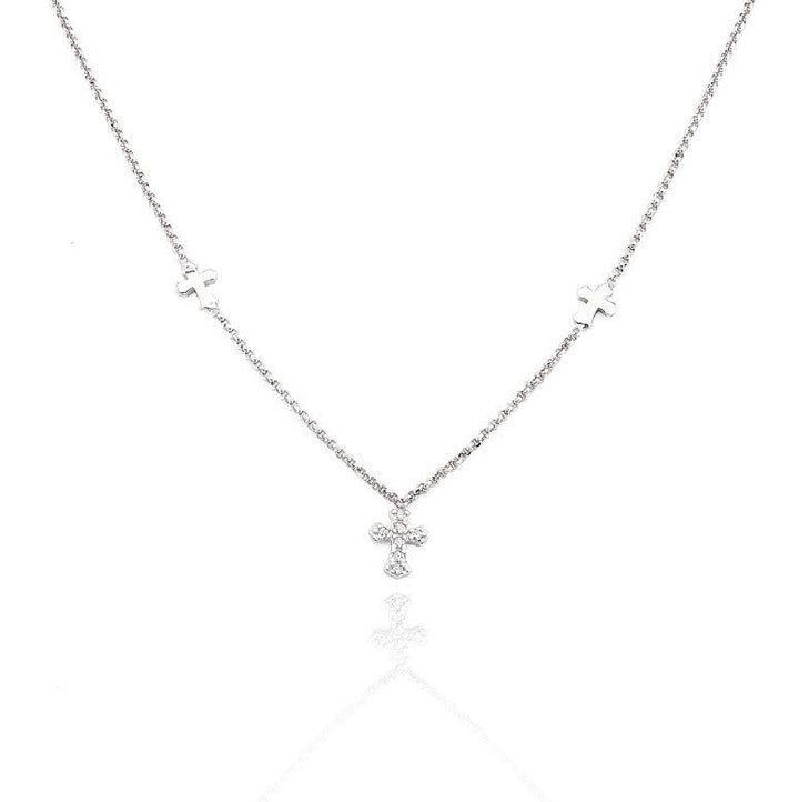 Stunning Silver Three Cross Pendant Necklace with Zirconias