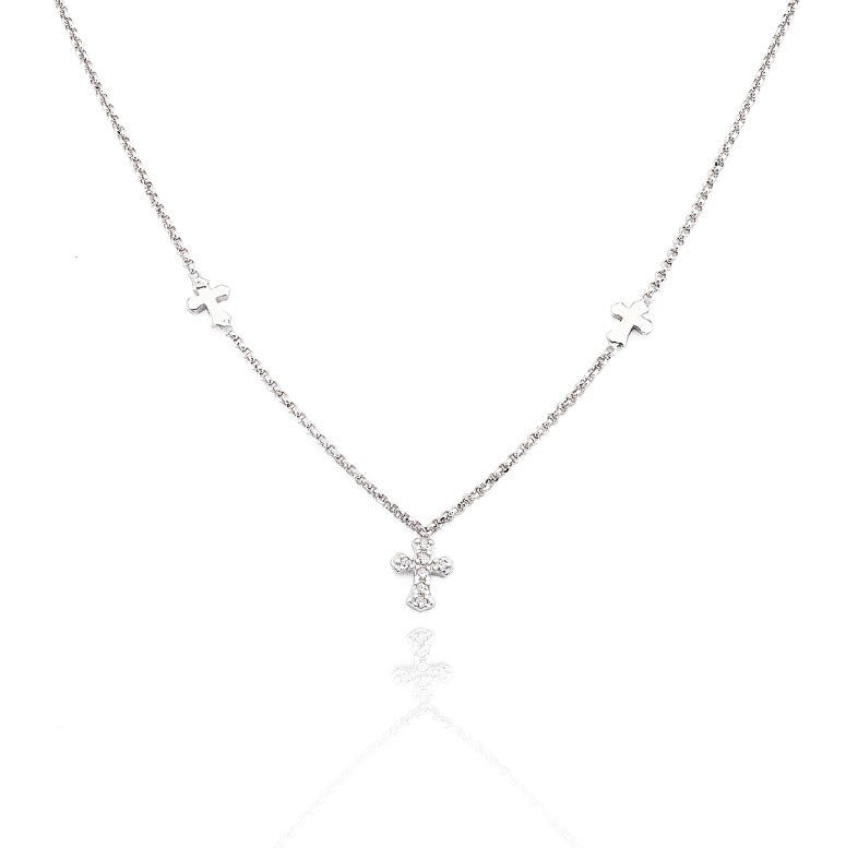 Silver Three Cross Pendant Necklace w/ Zirconias - Guadalupe Gifts