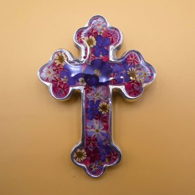 Small Baroque Cross w/ Pressed Flowers 4.5" - Guadalupe Gifts