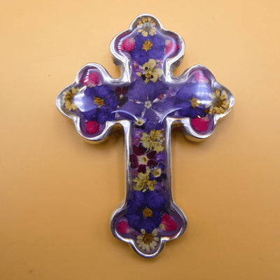 Small Baroque Cross w/ Pressed Flowers 4.5" - Guadalupe Gifts