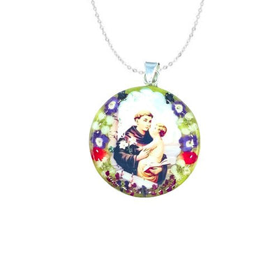 St Anthony of Padua Medium Round Pendant w/ Pressed Flowers - Guadalupe Gifts