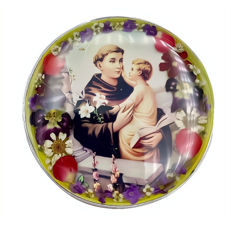 St Anthony of Padua Rosary Box w/ Pressed Flowers 2.9" x 1.5" x 2" - Guadalupe Gifts