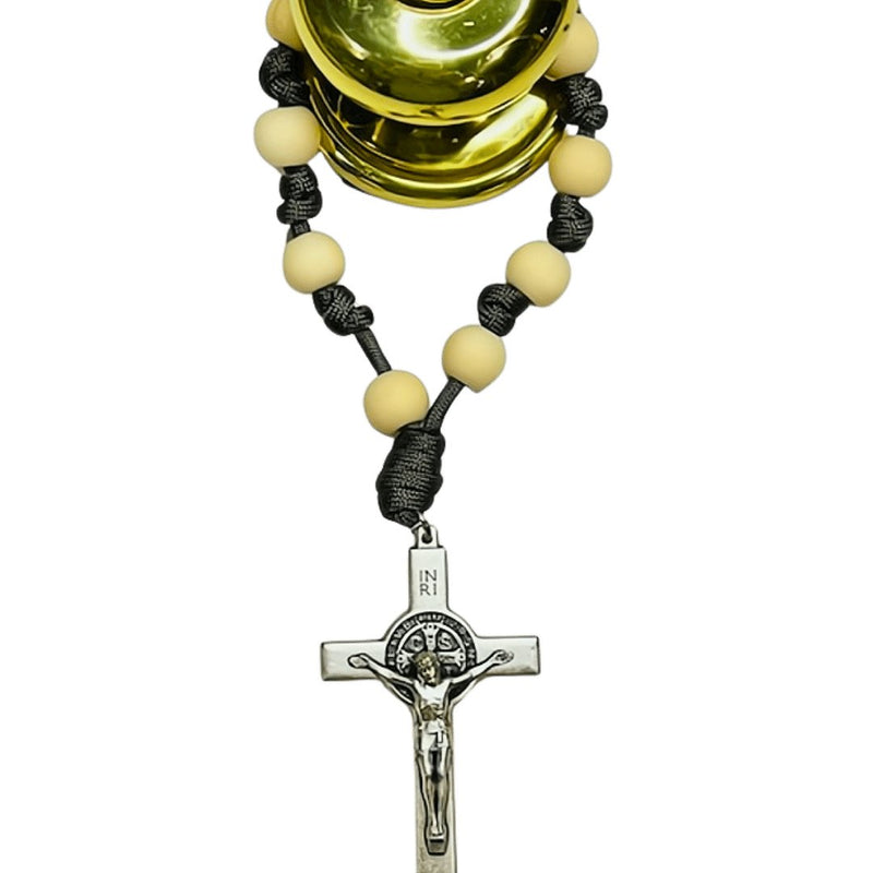 St Benedict Bead & Paracord Door Rosary, Natural Wood Beads 14" - Guadalupe Gifts