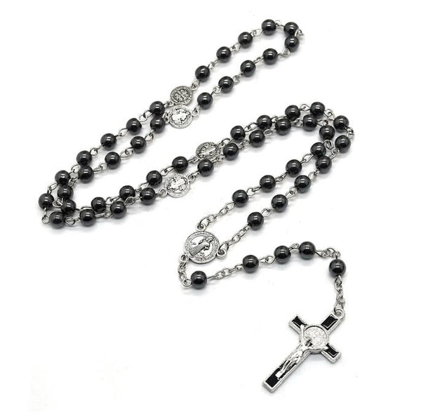 Stainless steel hematite gemstone rosary beads with Saint Benedict cen –  Unique Rosary Beads