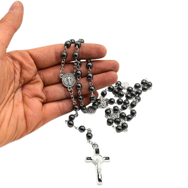 St Benedict Hematite Rosary 26-inch - Guadalupe Gifts