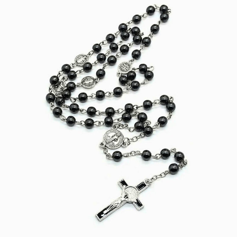 St Benedict Hematite Rosary 26-inch - Guadalupe Gifts
