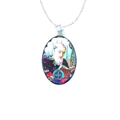 St Benedict Medal Grand Oval Pendant w/ Pressed Flowers - Guadalupe Gifts