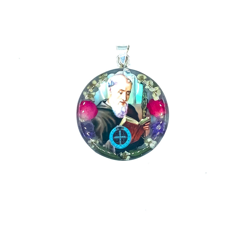 St Benedict Medal Grand Round Pendant w/ Pressed Flowers - Guadalupe Gifts
