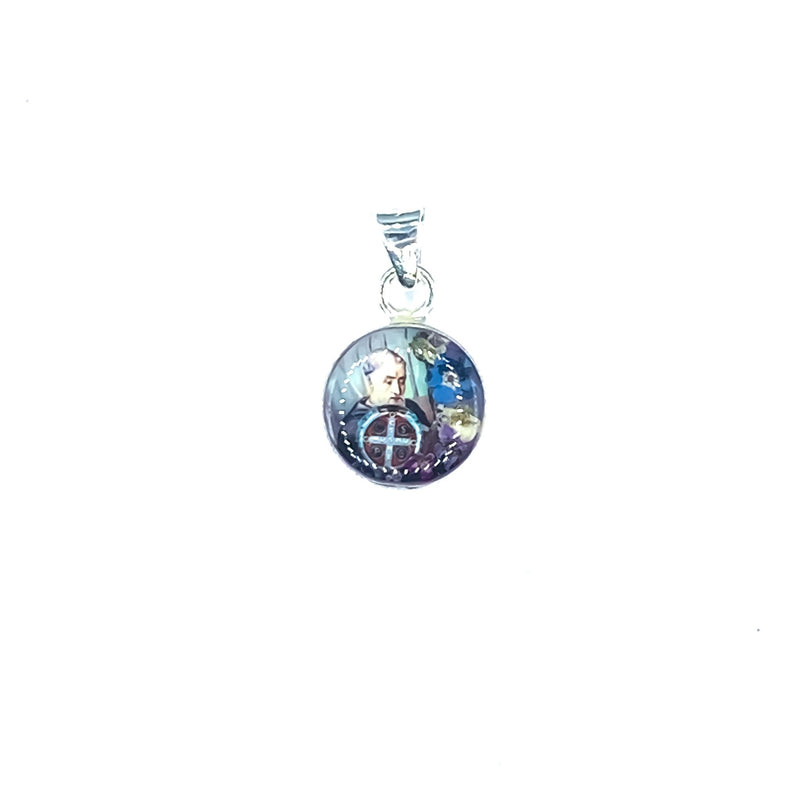 St Benedict Medal Mini Round Pendant w/ Pressed Flowers - Guadalupe Gifts