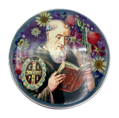 St Benedict Medal Rosary Box w/ Pressed Flowers 2.9" x 1.5" x 2" - Guadalupe Gifts