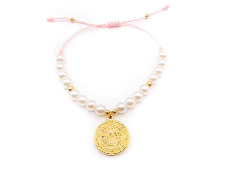 St Benedict Pearl String Bracelet, 7.5" - Guadalupe Gifts