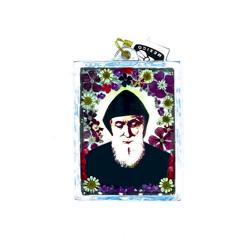 St Charbel Makhlouf Wall Frame w/ Pressed Flowers 4.5" x 3.25" - Guadalupe Gifts