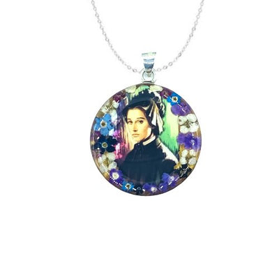 St Elizabeth Ann Seton Large Round Pendant w/ Pressed Flowers - Guadalupe Gifts