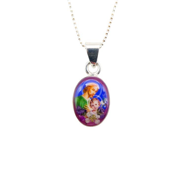St Joseph Mini Oval Pendant w/ Pressed Flowers - Guadalupe Gifts