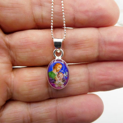 St Joseph Mini Oval Pendant w/ Pressed Flowers - Guadalupe Gifts