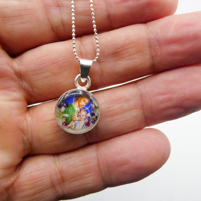 St Joseph Mini Round Pendant w/ Pressed Flowers - Guadalupe Gifts