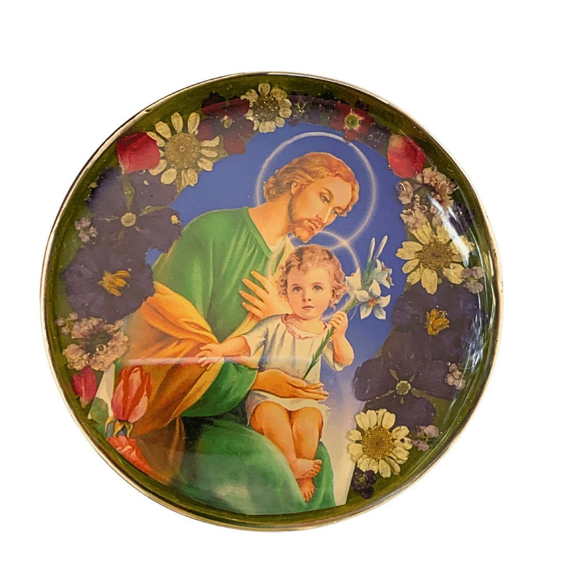 St Joseph Rosary Box w/ Pressed Flowers 2.9" x 1.5" x 2" - Guadalupe Gifts