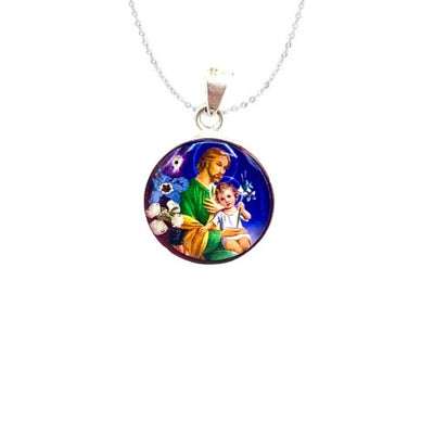 St Joseph Round Pendant w/ Pressed Flowers - Guadalupe Gifts