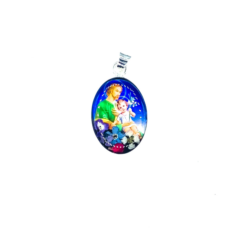 St Joseph Small Oval Pendant w/ Pressed Flowers - Guadalupe Gifts