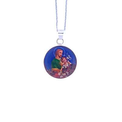 St Joseph Small Round Pendant Necklace w/ Pressed Flowers - Guadalupe Gifts