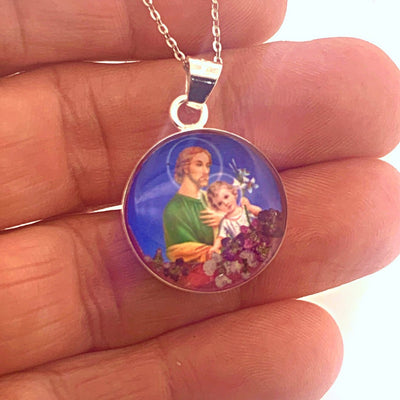 St Joseph Small Round Pendant Necklace w/ Pressed Flowers - Guadalupe Gifts