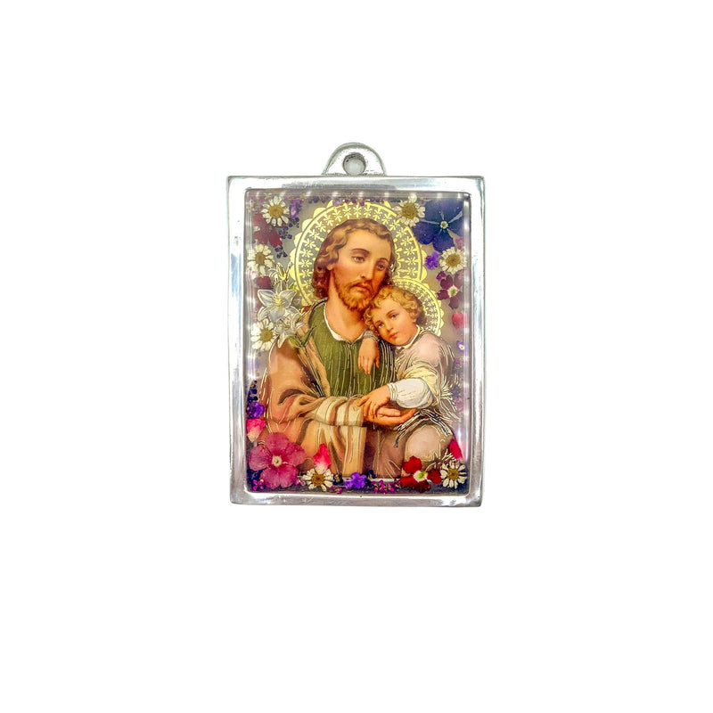 St Joseph Wall Frame w/ Pressed Flowers 4.5" x 3.25" - Guadalupe Gifts