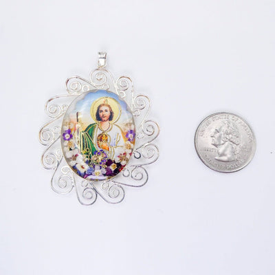 St Jude Baroque Medallion Necklace w/ Pressed Flowers - Guadalupe Gifts