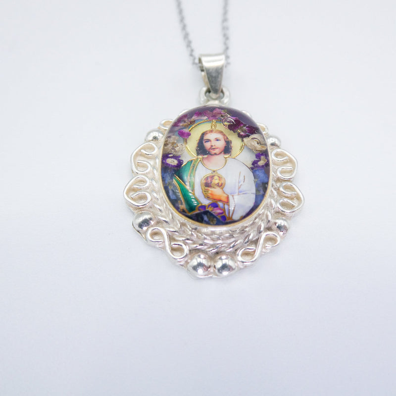 St Jude Baroque Pendant Necklace w/ Pressed Flowers - Guadalupe Gifts