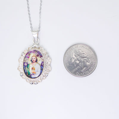 St Jude Baroque Pendant Necklace w/ Pressed Flowers - Guadalupe Gifts