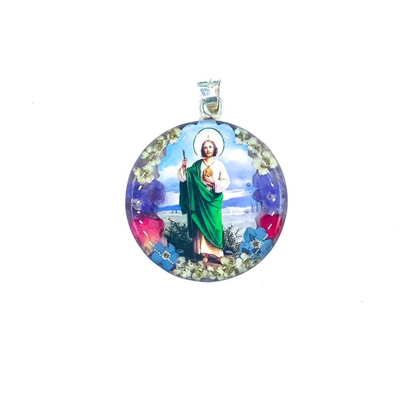 St Jude Medium Round Pendant w/ Pressed Flowers - Guadalupe Gifts