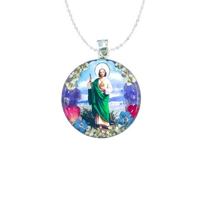 St Jude Medium Round Pendant w/ Pressed Flowers - Guadalupe Gifts