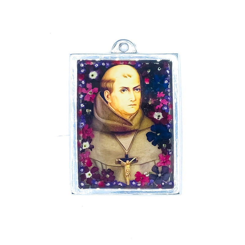 St Junipero Serra Wall Frame w/ Pressed Flowers 4.5" x 3.25" - Guadalupe Gifts