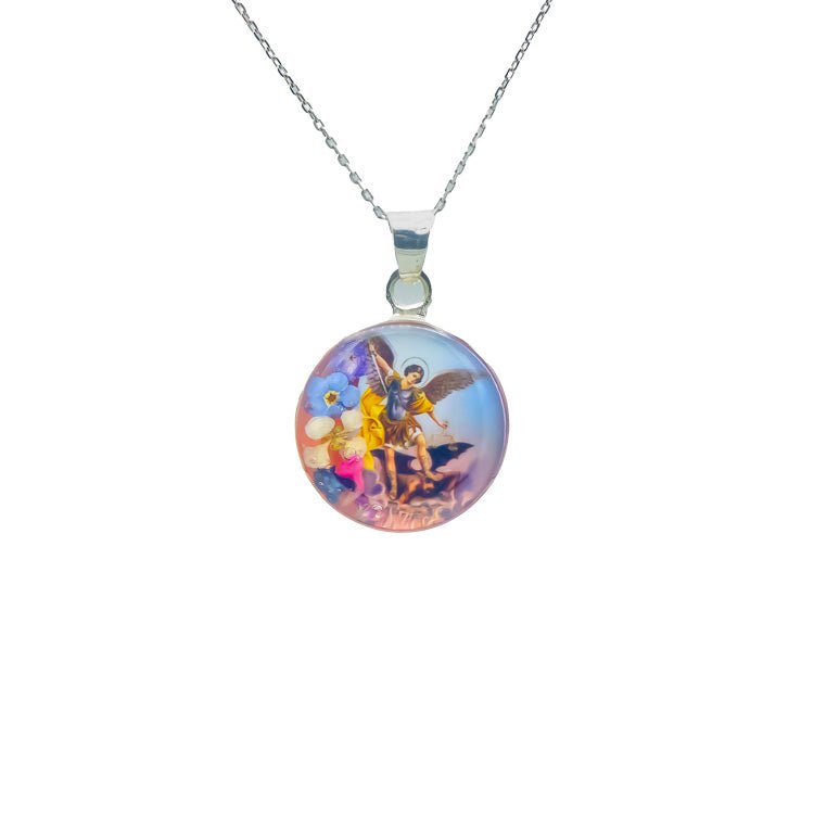 St Michael the Archangel Medium Round Pendant Necklace w/ Pressed Flowers - Guadalupe Gifts