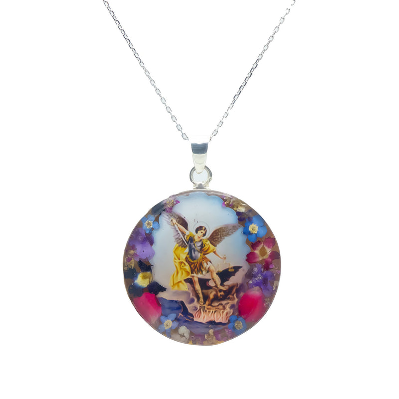 St Michael the Archangel Round Large Round Pendant Necklace w/ Pressed Flowers - Guadalupe Gifts