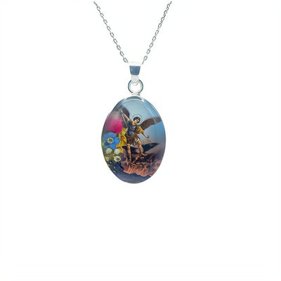 St Michael the Archangel Small Oval Pendant Necklace w/ Pressed Flowers - Guadalupe Gifts
