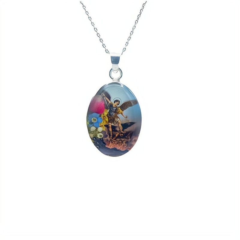 St Michael the Archangel Small Oval Pendant Necklace w/ Pressed Flowers - Guadalupe Gifts