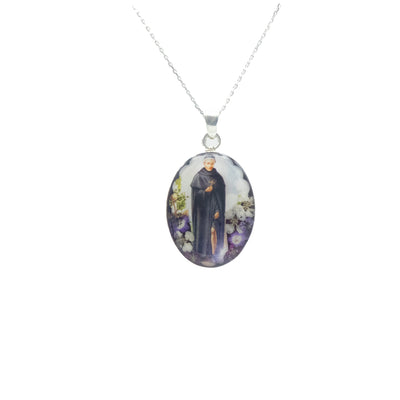 St Peregrine Medium Oval Pendant w/ Pressed Flowers - Guadalupe Gifts