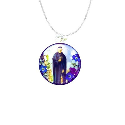 St Peregrine Medium Round Pendant w/ Pressed Flowers - Guadalupe Gifts