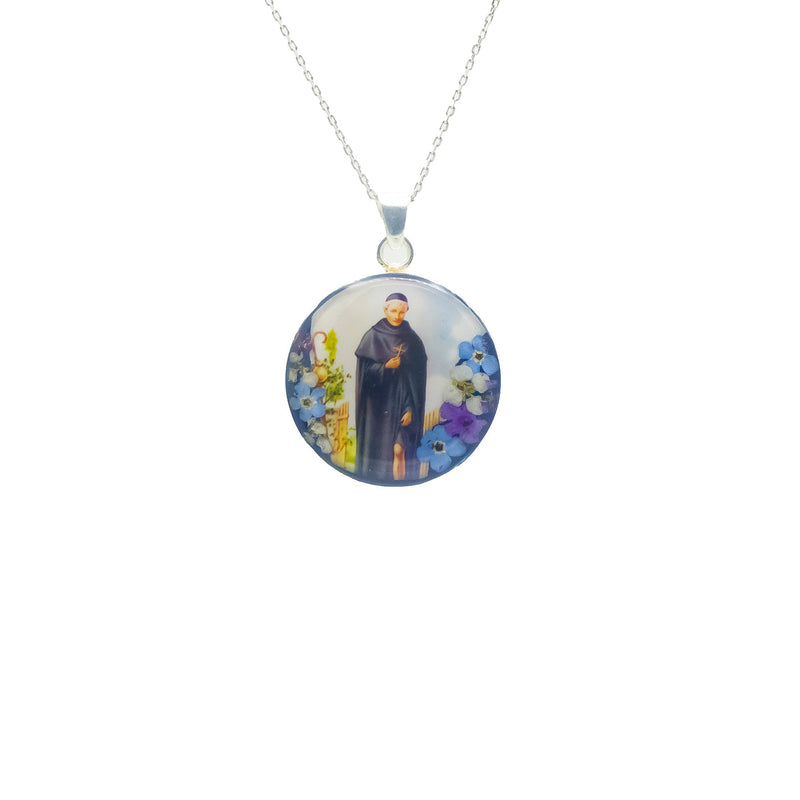 St Peregrine Medium Round Pendant w/ Pressed Flowers - Guadalupe Gifts