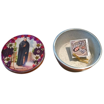 St Peregrine Rosary Box w/ Pressed Flowers 2.9" x 1.5" x 2" - Guadalupe Gifts