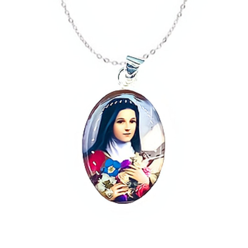 St Therese of Lisieux Medium Oval Pendant w/ Pressed Flowers - Guadalupe Gifts
