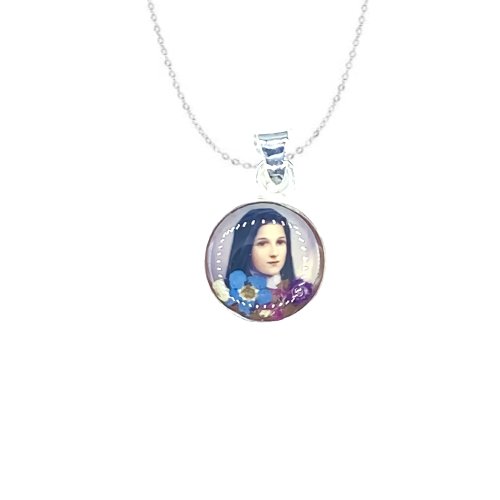 St Therese of Lisieux Mini Round Pendant w/ Pressed Flowers - Guadalupe Gifts