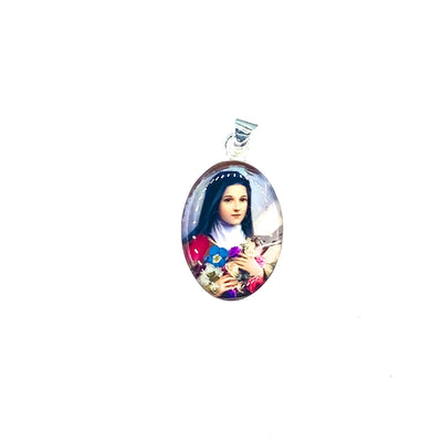 St Therese of Lisieux Small Oval Pendant w/ Pressed Flowers - Guadalupe Gifts