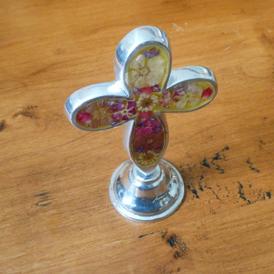Standing Cross w/ Pressed Flowers 4.5" - Guadalupe Gifts