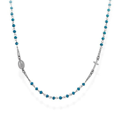 Sterling silver Rosary choker nd pastel blue crystals - Ruthenium - Guadalupe Gifts