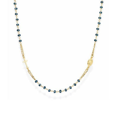 Sterling silver Rosary choker with Blue Crystals, Golden - Guadalupe Gifts