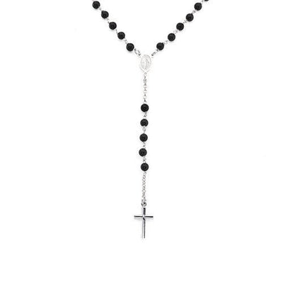 Sterling silver Rosary classic necklace black agate grains - Guadalupe Gifts
